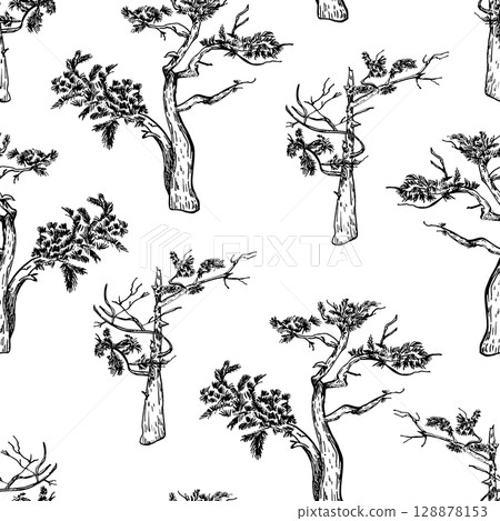 Pine Forest vector Seamless Pattern. Black and White Coniferous Tree Silhouettes on repeated background. Monochrome Landscape Design print for Textiles, Wallpaper. Endless trees graphic line art. Pine Forest vector Seamless Pattern. Black and White Coniferous Tree Silhouettes on repeated background. Monochrome Landscape Design print for Textiles, Wallpaper. Endless trees graphic line art. 128878153