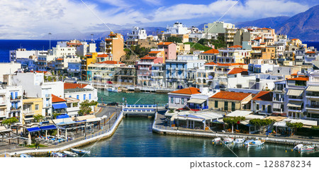 Greece. travel. one of the most scenic places of Crete island - beautiful colorful town Agios Nikolaos. 128878234