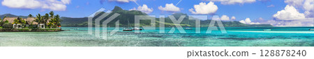 Amazing tropical island scenery. Beautiful Mauritius exotic island. View of Lion mountains Amazing tropical island scenery. Beautiful Mauritius exotic island. View of Lion mountains 128878240