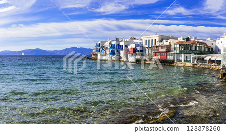 Mykonos island,Cyclades. Greece summer holidays. Panoramic view of famous place "Little Venice". Mykonos island,Cyclades. Greece summer holidays. Panoramic view of famous place "Little Venice". 128878260