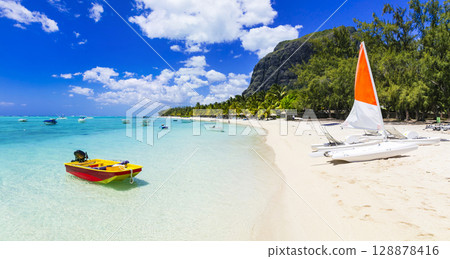 Best scenic beaches of beautiful Mauritius island and water sport activities. Tropical destinations Best scenic beaches of beautiful Mauritius island and water sport activities. Tropical destinations 128878416