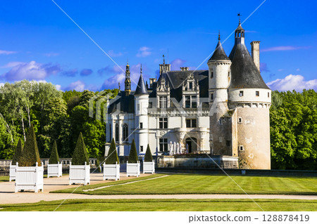 France, Loire valley castles. Elegant Chenonceau chateau . Most beautiful and romantic french castles France, Loire valley castles. Elegant Chenonceau chateau . Most beautiful and romantic french castles 128878419