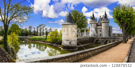 Sully-sur-Loire - magnificent castle of Loire valley, France travel and historic heritage sites. Medieval fortress Sully Sur Loire, Loiret. Sully-sur-Loire - magnificent castle of Loire valley, France travel and historic heritage sites. Medieval fortress Sully Sur Loire, Loiret. 128878532