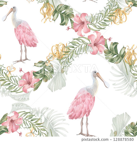 Seamless tropical floral watercolor pattern isolated on white. Lush palm fronds, pink spoonbill, blooms hand painted. Summer foliage and bird repeated motif for textiles, beachwear Hawaiian style. 128878580