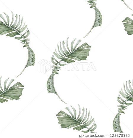 Seamless tropical watercolor pattern isolated on white. Curling palm fronds in muted sage green tones hand painted. Palm foliage on repeated background for beachwear fabric, wallpaper, textile. 128878583