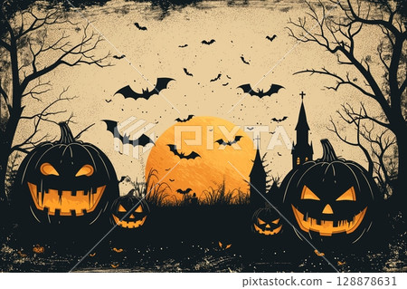 Halloween background with pumpkins and bats. Flat illustration. 128878631