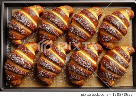 Top-down view of freshly baked croissants on parchment paper, sprinkled with powdered sugar. 128878632