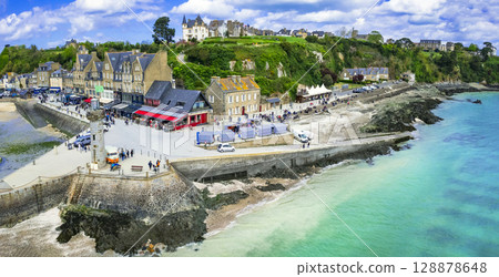 France travel, most scenic traditional villages in Brittany - beautiful Cancale, famous for oysters and turquoise sea. High angle drone panorama of old town and lighthouse 128878648