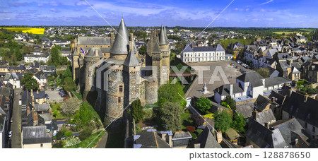 France , Brittany travel and landmarks. beautiful medieval Vitre town and its charming old streets and half-timbered houses . 128878650
