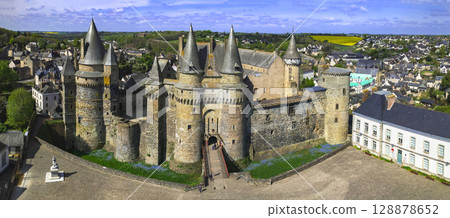 France, Brittany travel and landmarks. beautiful medieval Vitre town .Aerial panoramic view of stunning castle (chateau de Vitre) 128878652
