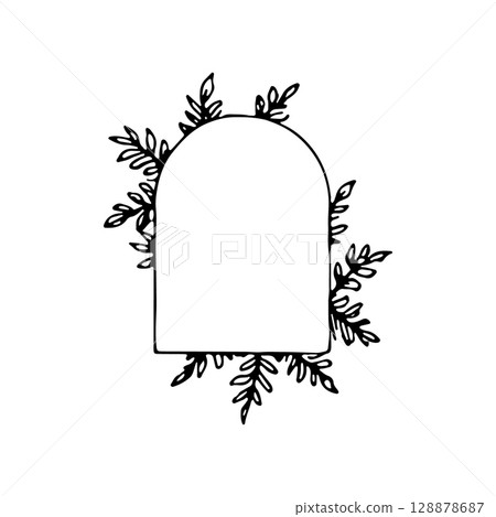 Floral Frame with Leaves and Twigs. A minimalist rectangular frame made of intertwined twigs and leafy elements. Floral Frame with Leaves and Twigs. A minimalist rectangular frame made of intertwined twigs and leafy elements. 128878687