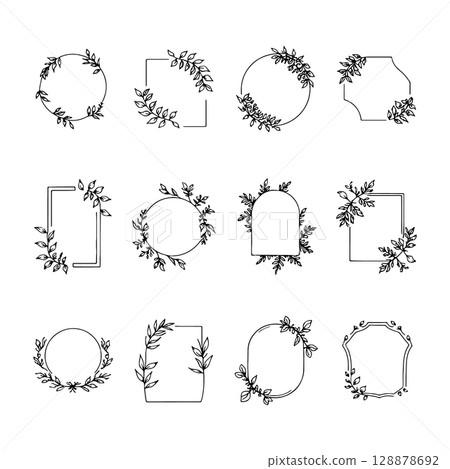 Abstract Botanical Frame Set. A creative pack of rounded and square frames combined with botanical strokes, adding texture and flair to minimalist projects. 128878692