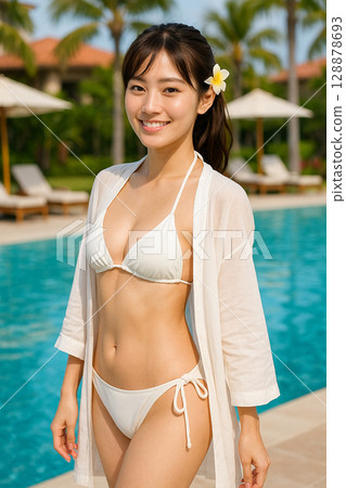 Beautiful woman by the pool 128878693