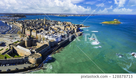 France travel and landmarks. aerial panoramic view of Saint -Malo , historic French port in Ille-et-Vilaine, Brittany. France travel and landmarks. aerial panoramic view of Saint -Malo , historic French port in Ille-et-Vilaine, Brittany. 128878713