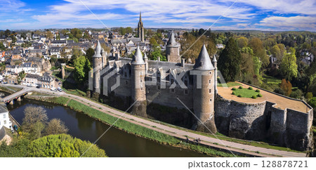 France most beautiful medieval castles -  Josselin , scenic fortress and old village in Morbihan department of Brittany. aerial drone panoramic view 128878721