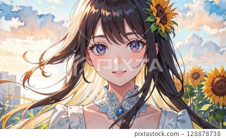 Sunflower field smiling girl 128878738