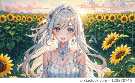 Girl standing in a sunflower field 128878740