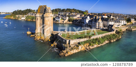 France , Brittany travel and landmarks. aerial view of Solidor tower and medieval city of Saint Malo. France , Brittany travel and landmarks. aerial view of Solidor tower and medieval city of Saint Malo. 128878789