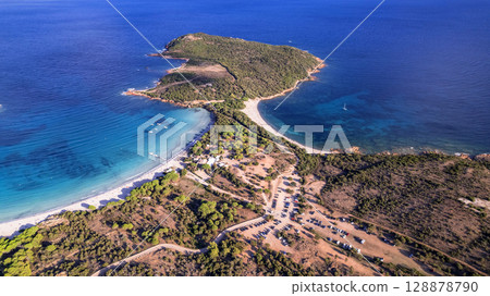 Best beaches of Corsica island - aerial panoramic view of beautiful Rondinara beach Best beaches of Corsica island - aerial panoramic view of beautiful Rondinara beach 128878790