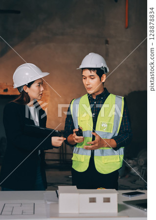 Construction manager and engineer dressed in orange work vests and hard helmets explore construction documentation on the building site near the steel frames 128878834