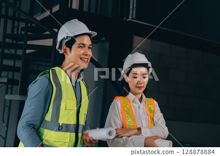 Construction manager and engineer dressed in orange work vests and hard helmets explore construction documentation on the building site near the steel frames 128878884