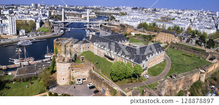 Brest, France. Brittany. aerial drone panoramic view of harbour medieval walls. Brittany's most important maritime cities. view with impressive bridge Pont de Recouvrance 128878897