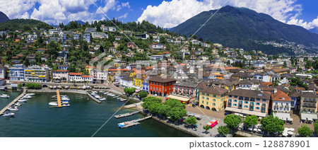Switzerland travel and landmarks - colorful charming town Ascona, lake Lago Maggiore near Locarno , canton Ticino  128878901