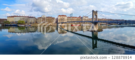 France travel destination and beautiful places. urban scenery of Lyon old town . panorama with bridges across Rhone river in downtown France travel destination and beautiful places. urban scenery of Lyon old town . panorama with bridges across Rhone river in downtown 128878914
