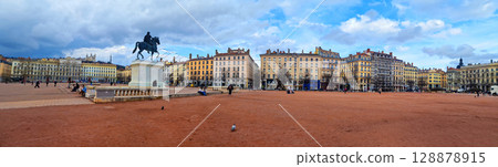 France travel destination and beautiful places. Lyon city, urban scenery of old town . panorama of biggest square Bellecour, popular tourist attraction  128878915