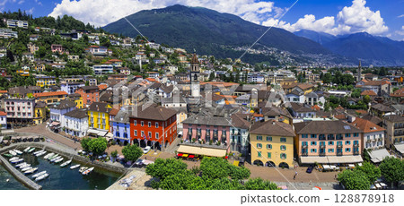 Switzerland travel and landmarks - colorful charming town Ascona, lake Lago Maggiore near Locarno , canton Ticino  128878918