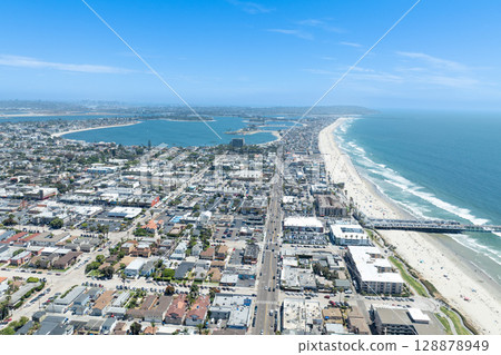 Aerial view of Pacific Beach and Ocean in San Diego, California Aerial view of Pacific Beach and Ocean in San Diego, California 128878949