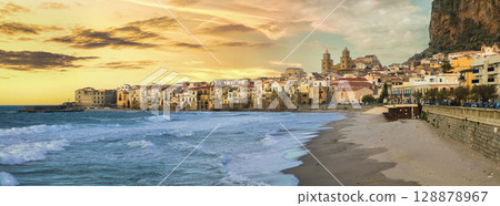 Italy travel, Sicily island, beautiful coastal town Cefalu over sunset 128878967