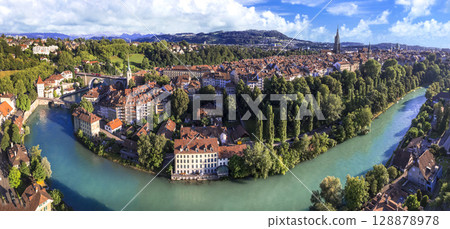 old town of Bern capital city of Switzerland. , aerial drone panoramic view with river Aare. Swiss travel destinations 128878978