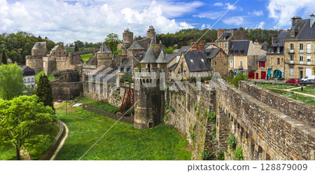France travel and best scenic villages and castles in Brittany. Impressive medieval fortress and town Fougeres , view of ramparts and towers. One of the most beautiful french villages France travel and best scenic villages and castles in Brittany. Impressive medieval fortress and town Fougeres , view of ramparts and towers. One of the most beautiful french villages 128879009