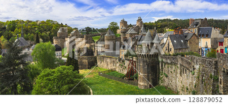 France travel . best scenic villages and castles in Brittany. Impressive medieval fortress  Fougeres , view of ramparts and towers. One of the most beautiful french villages 128879052