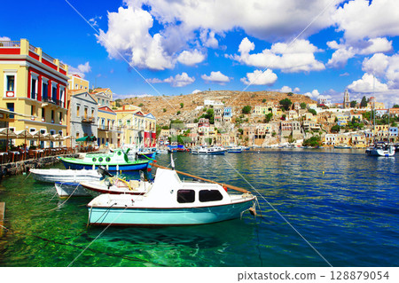 Traditional colorful Greek island- beautiful Chalki (Halki)  in Dodecanese. Greece travel 128879054