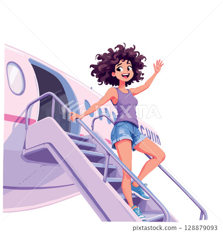 Vsai happy tourist waving goodbye while boarding airplane Vsai happy tourist waving goodbye while boarding airplane 128879093