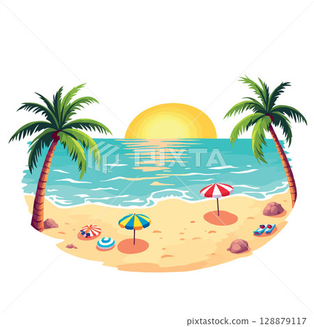 Vsai serene beach scene with palm trees and sunset 128879117