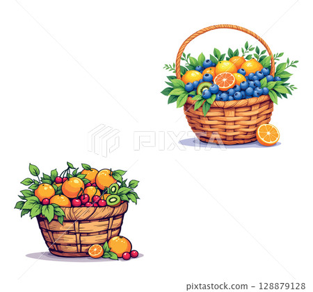 Vsai two wicker baskets overflowing with fresh fruits, oranges, blueberries, cherries, and kiwi 128879128