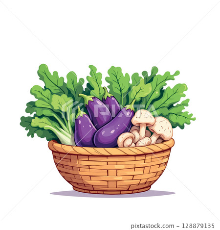 Vsai wicker basket overflowing with fresh eggplants, mushrooms, and leafy greens 128879135