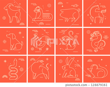 Chinese horoscope zodiac signs collection, geometric linear minimalist style. Animals symbols for 128879161