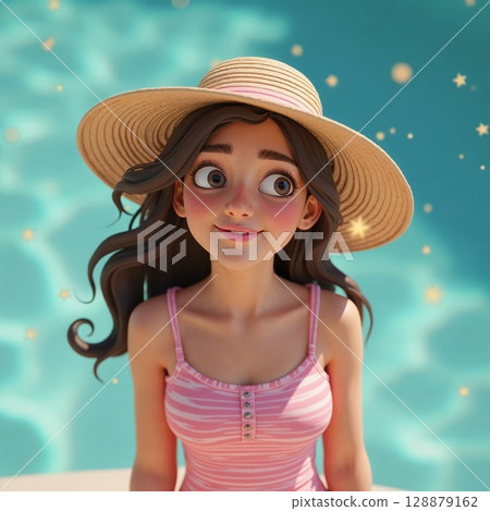 Girl wearing a hat by the pool Girl wearing a hat by the pool 128879162