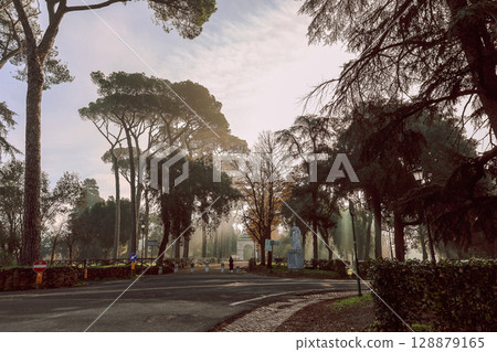 Serene scene of tranquil park surrounded by tall trees and prominent statue. Soft morning light filters through leaves, creating peaceful atmosphere. Villa Borghese gardens, Rome, Italy Serene scene of tranquil park surrounded by tall trees and prominent statue. Soft morning light filters through leaves, creating peaceful atmosphere. Villa Borghese gardens, Rome, Italy 128879165
