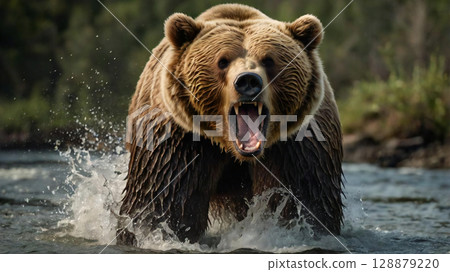 A bear at close range - A dangerous brown bear/black bear in attack mode 128879220