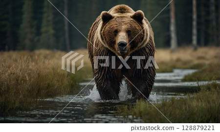 A ferocious brown bear/black bear in attacking position 128879221