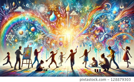 Illustrations of children freely and freely drawing infinite possibilities across a canvas 128879303