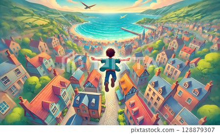 少年在天空中飛翔，從空中俯瞰城鎮的插圖——奇幻世界 128879307