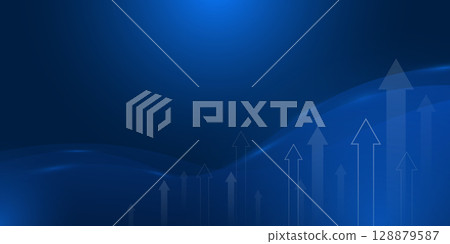Dark blue background with rising arrow, business chart, and circuit lines showing financial growth and market strategy. Eps 10 128879587