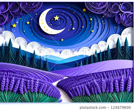 A fantasy landscape of a night sky and a lavender field in full bloom, drawn with paper quilling 128879600