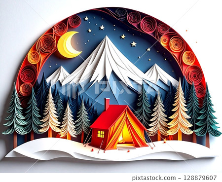 用捲紙畫出的冬季露營場景,有星空和山間小屋 用捲紙畫出的冬季露營場景,有星空和山間小屋 128879607